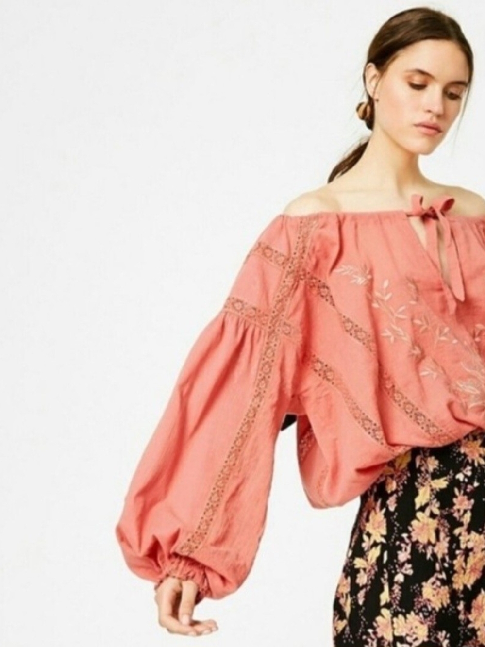B2 Free People Rust Pink Embroidered Tie-Front Peasant Tunic - Picture 2 of 8